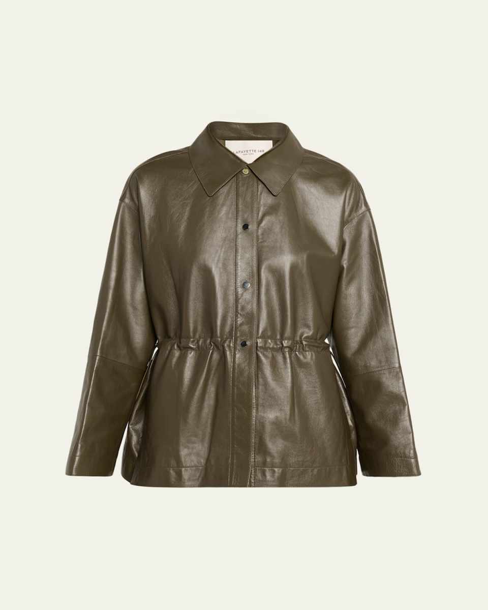 Drawstring Lambskin Leather Shirt Jacket